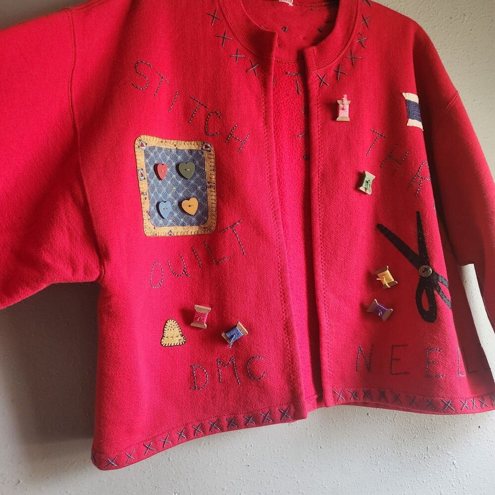 Vintage 90s Sewing Quilting Cardigan Sweater Red Novelty Stitch Quilt Craft